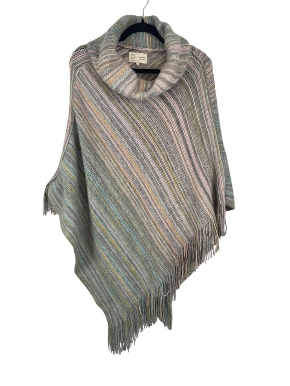Anthropologie Saturday Sunday Striped Knit Poncho Fringe Cowl Neck One Size